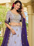 Terrific Lavender Thread Embroidery Tissue Reception Wear Lehenga With Blouse