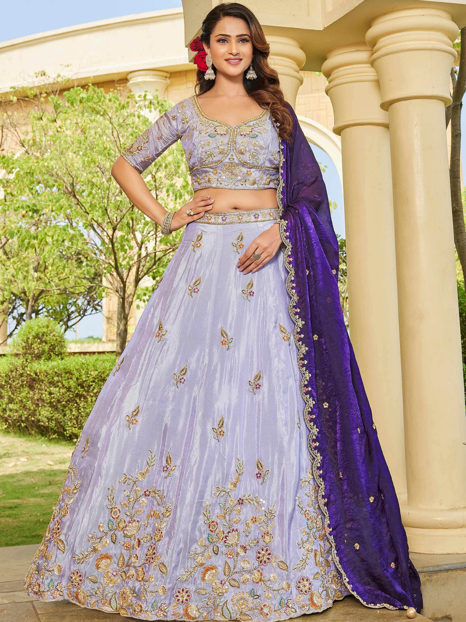 Terrific Lavender Thread Embroidery Tissue Reception Wear Lehenga With Blouse