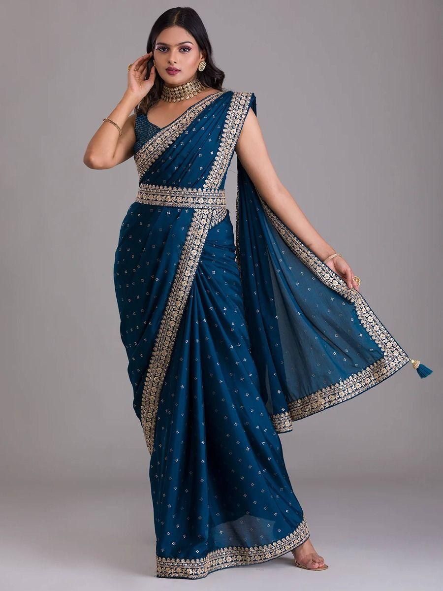 Attractive Navy Blue Sequins Chinon Party Wear Saree With Blouse