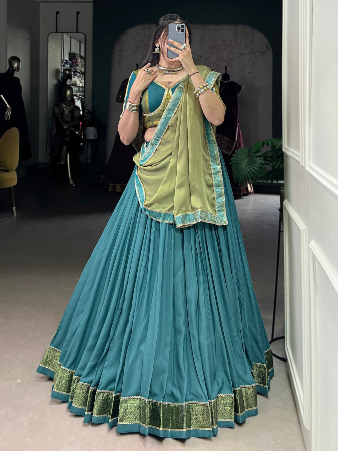 Superb Teal Blue Zari Weaving Rayon Festive Wear Lehenga Choli With Dupatta