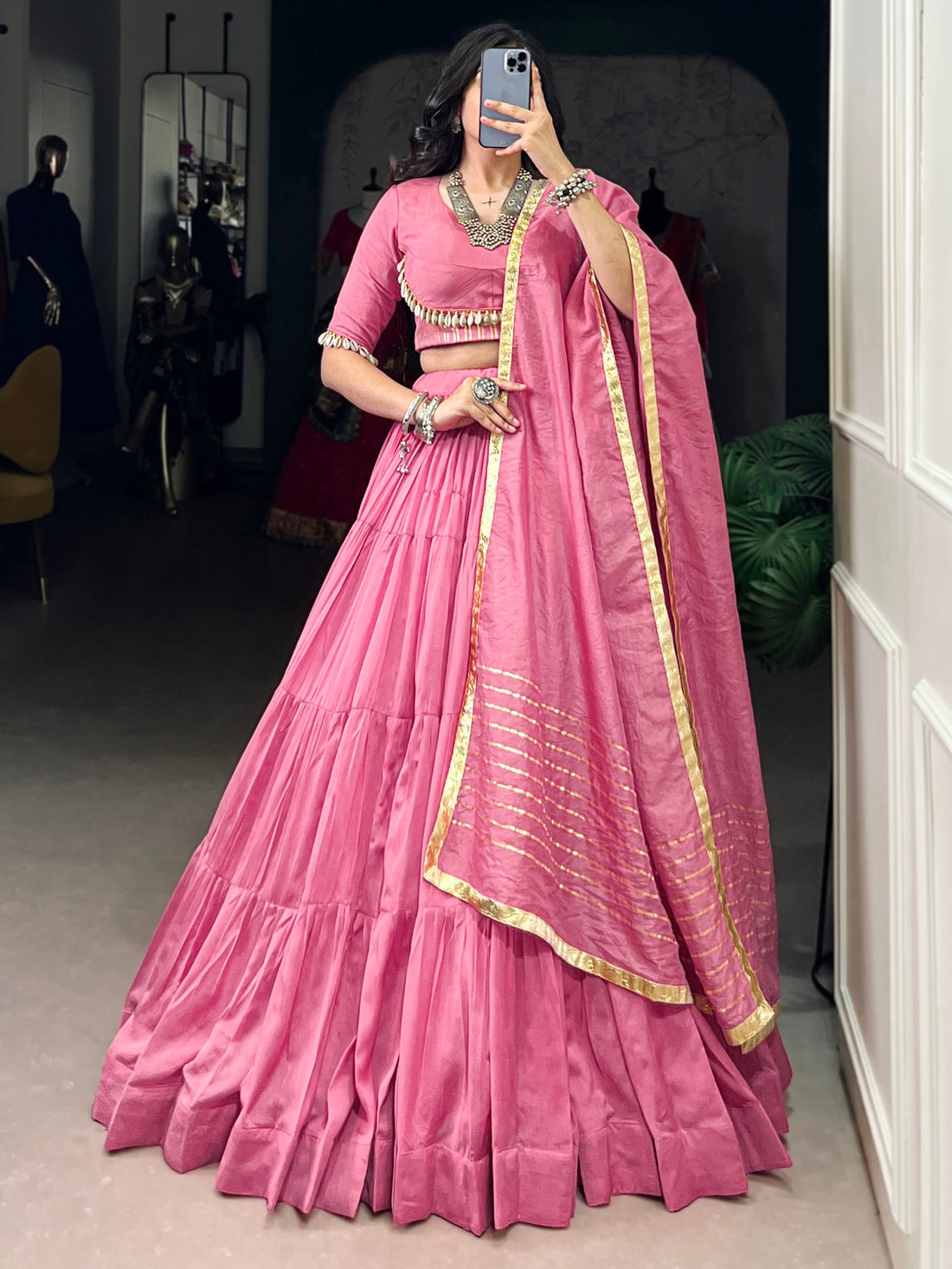 Classic Light Pink Chanderi Traditional Lehenga With Kodi Work Blouse