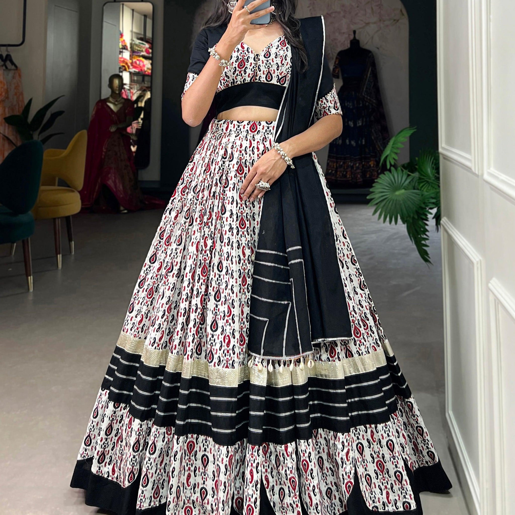 Enchanting White Printed Cotton Navratri Wear Lehenga Choli
