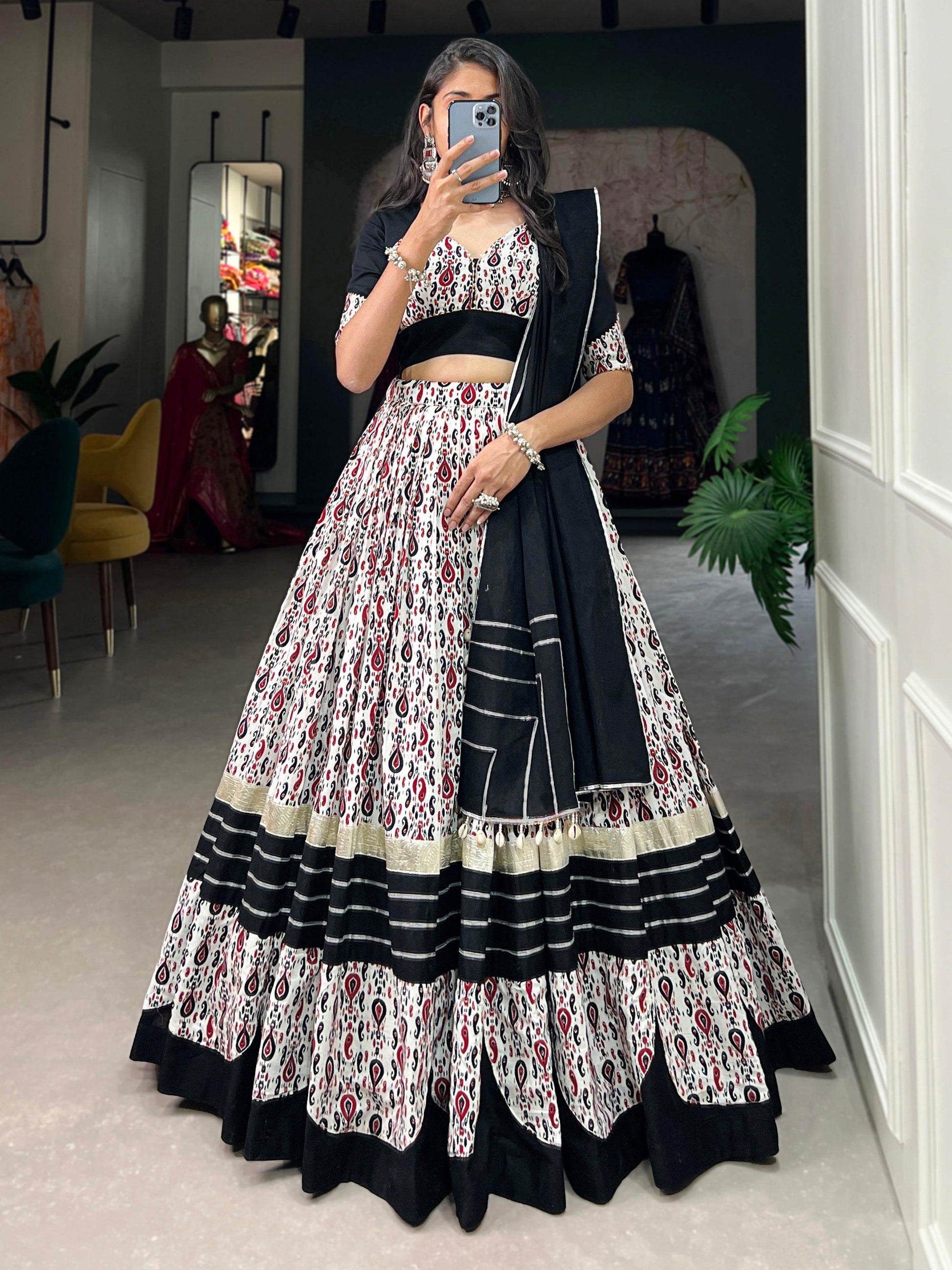 Enchanting White Printed Cotton Navratri Wear Lehenga Choli