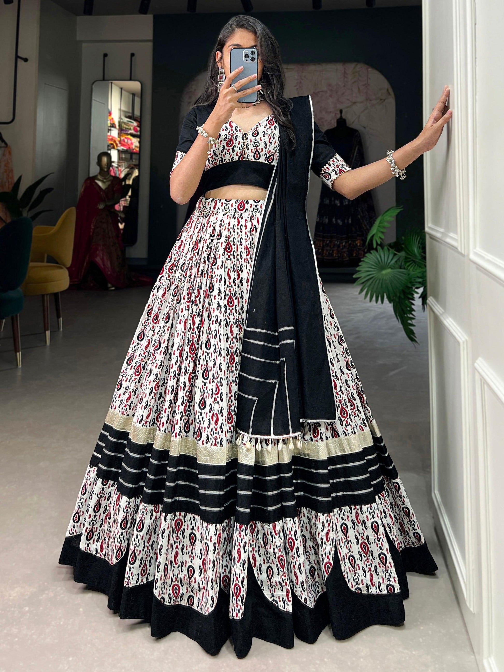 Enchanting White Printed Cotton Navratri Wear Lehenga Choli