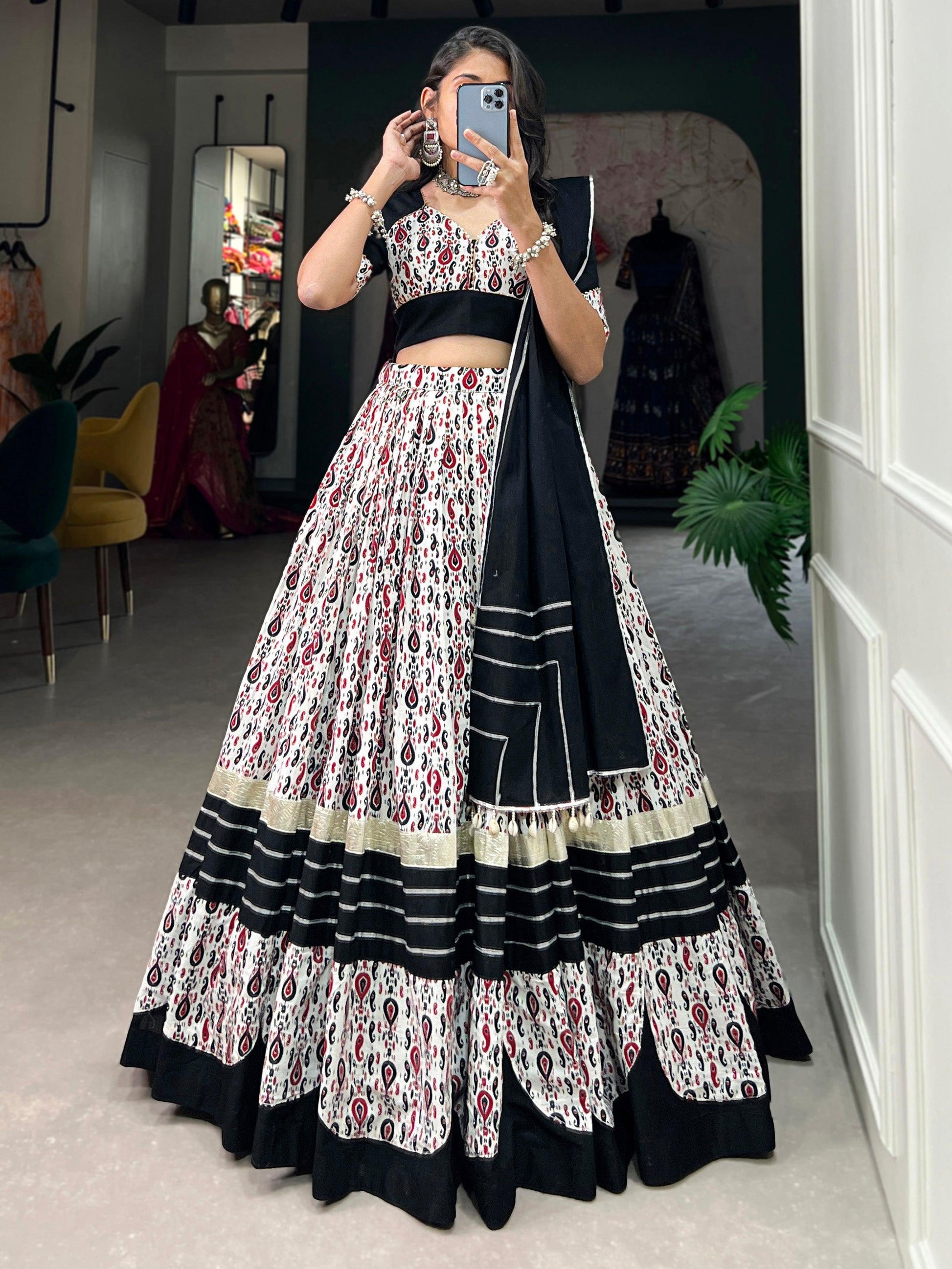 Enchanting White Printed Cotton Navratri Wear Lehenga Choli
