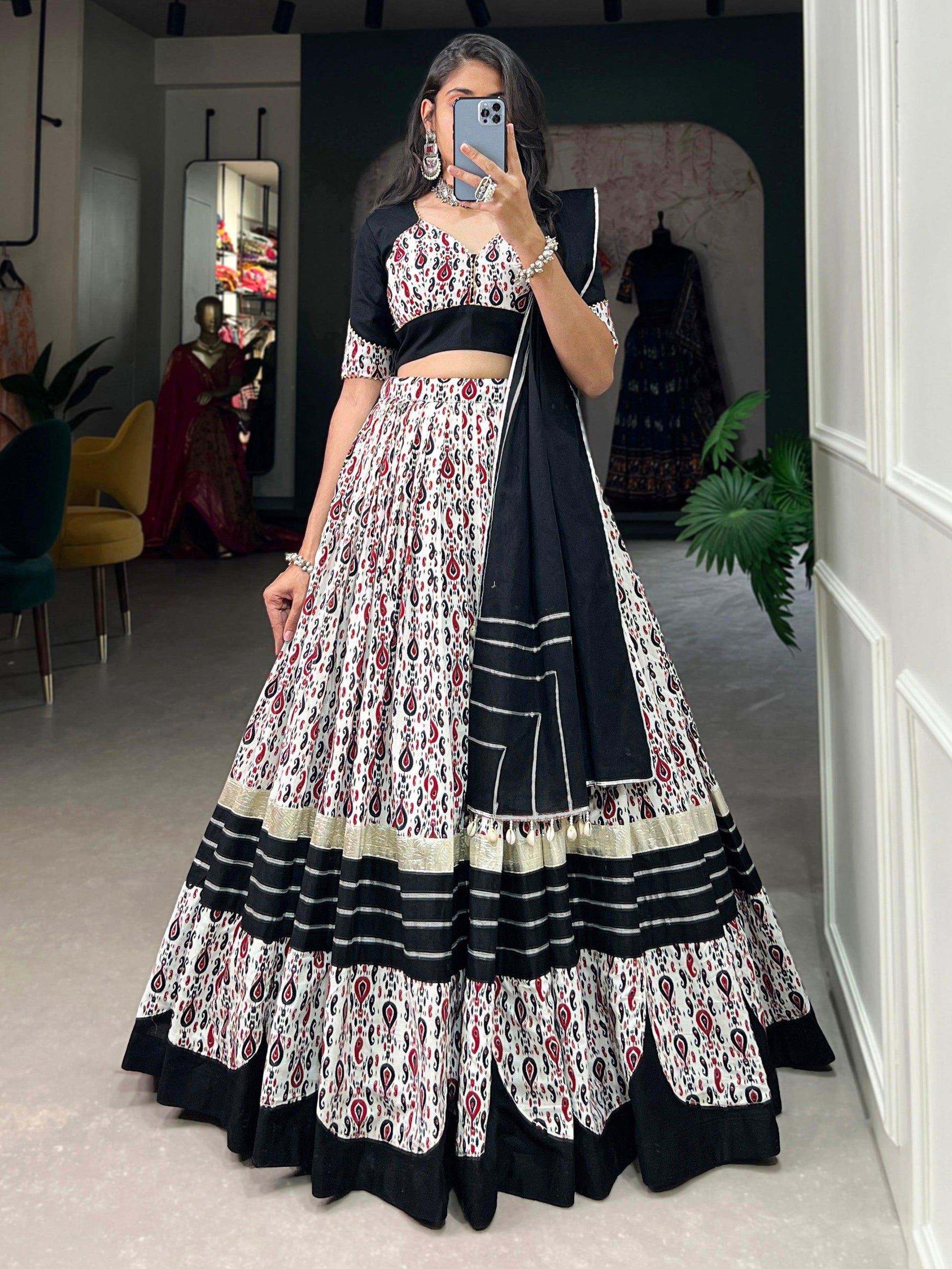 Enchanting White Printed Cotton Navratri Wear Lehenga Choli
