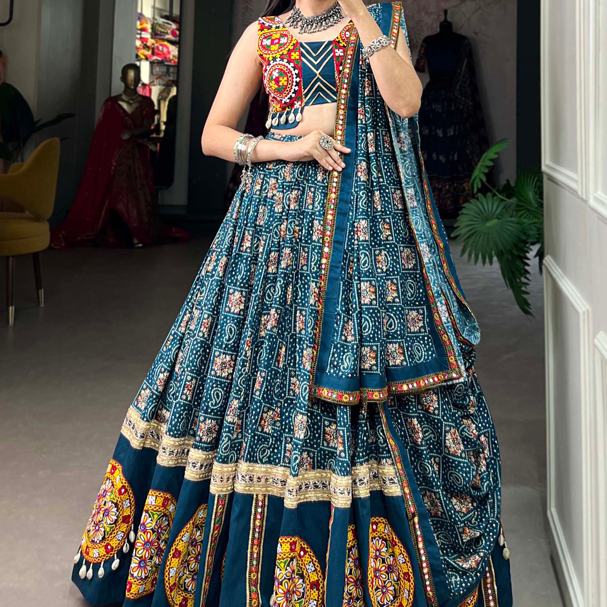 Dazzling Blue Bandhani Printed Rayon Navratri Lehenga Choli