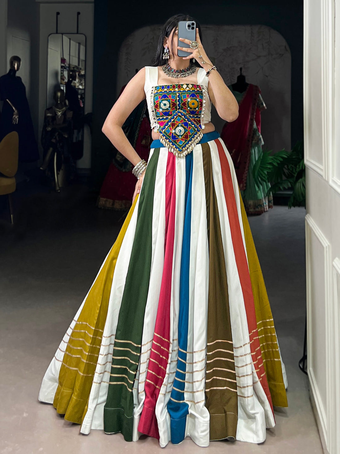 Outstanding Multicolor Gamthi Work Rayon Navratri Wear Crop Top Lehenga