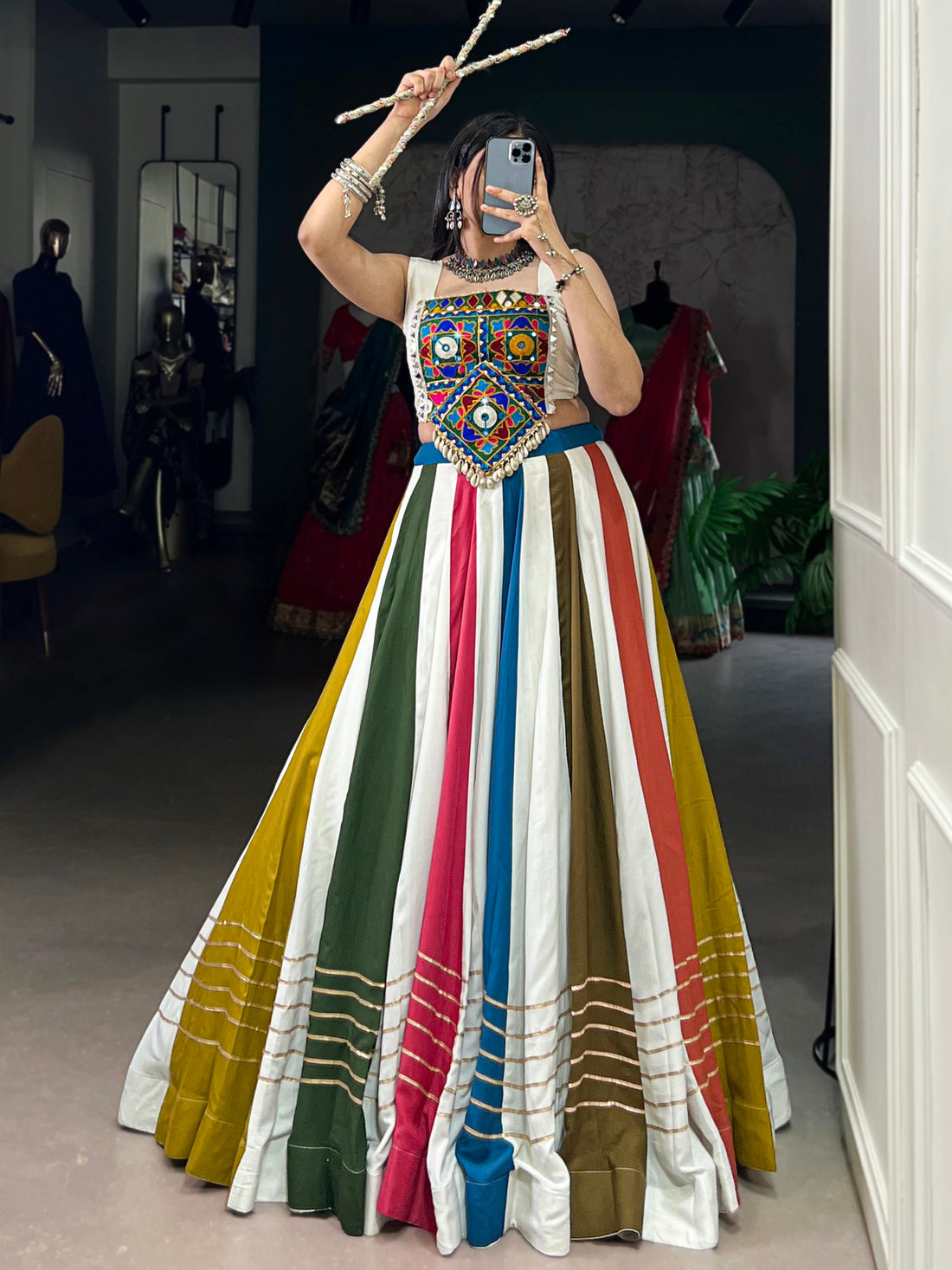 Outstanding Multicolor Gamthi Work Rayon Navratri Wear Crop Top Lehenga