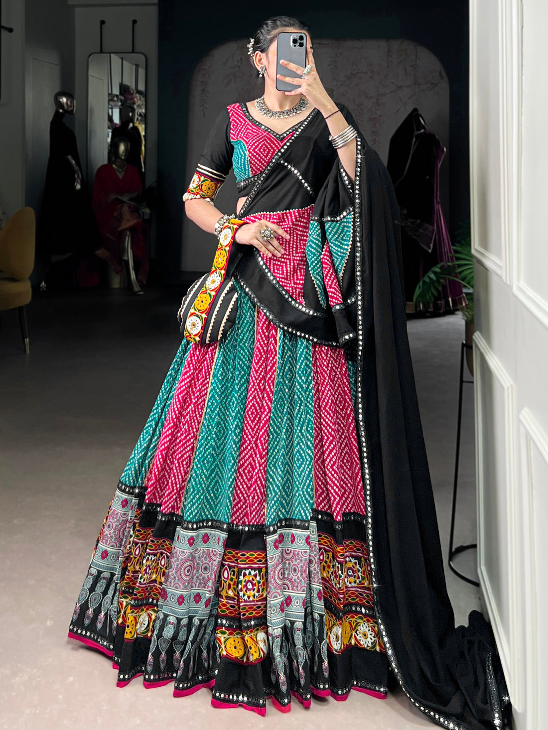 Pretty Pink Bandhej Print Rayon Navratri Special Lehenga With Blouse