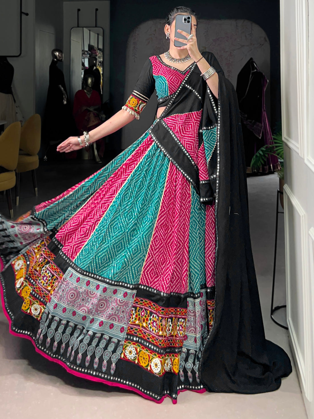 Pretty Pink Bandhej Print Rayon Navratri Special Lehenga With Blouse