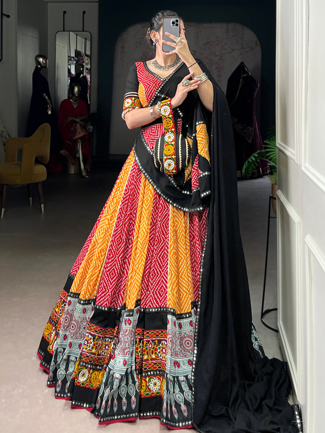 Elegant Yellow Bandhej Print Rayon Navratri Special Lehenga Choli With Dupatta