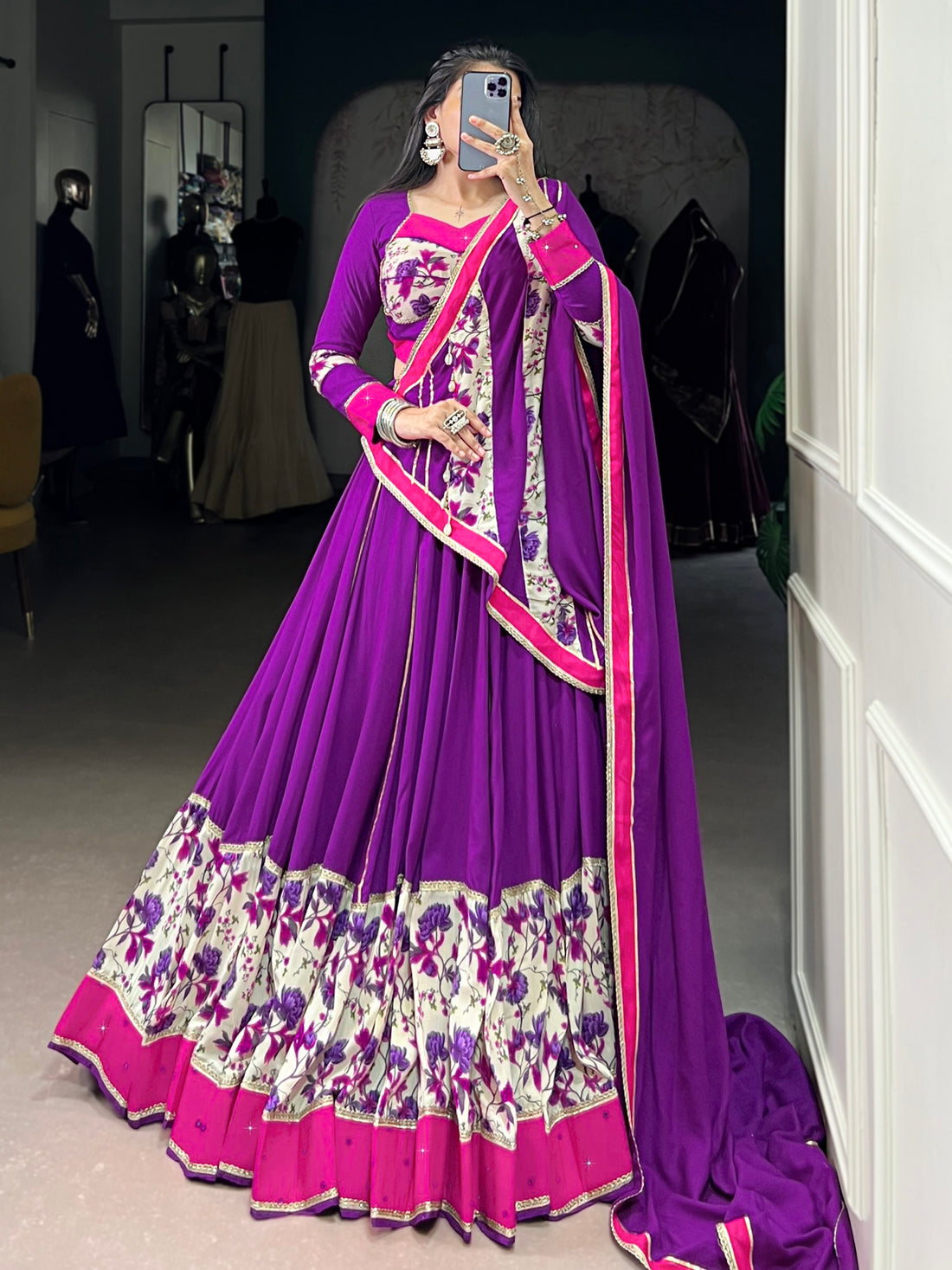 Great Purple Printed Rayon Festive Wear Lehenga Choli With Dupatta