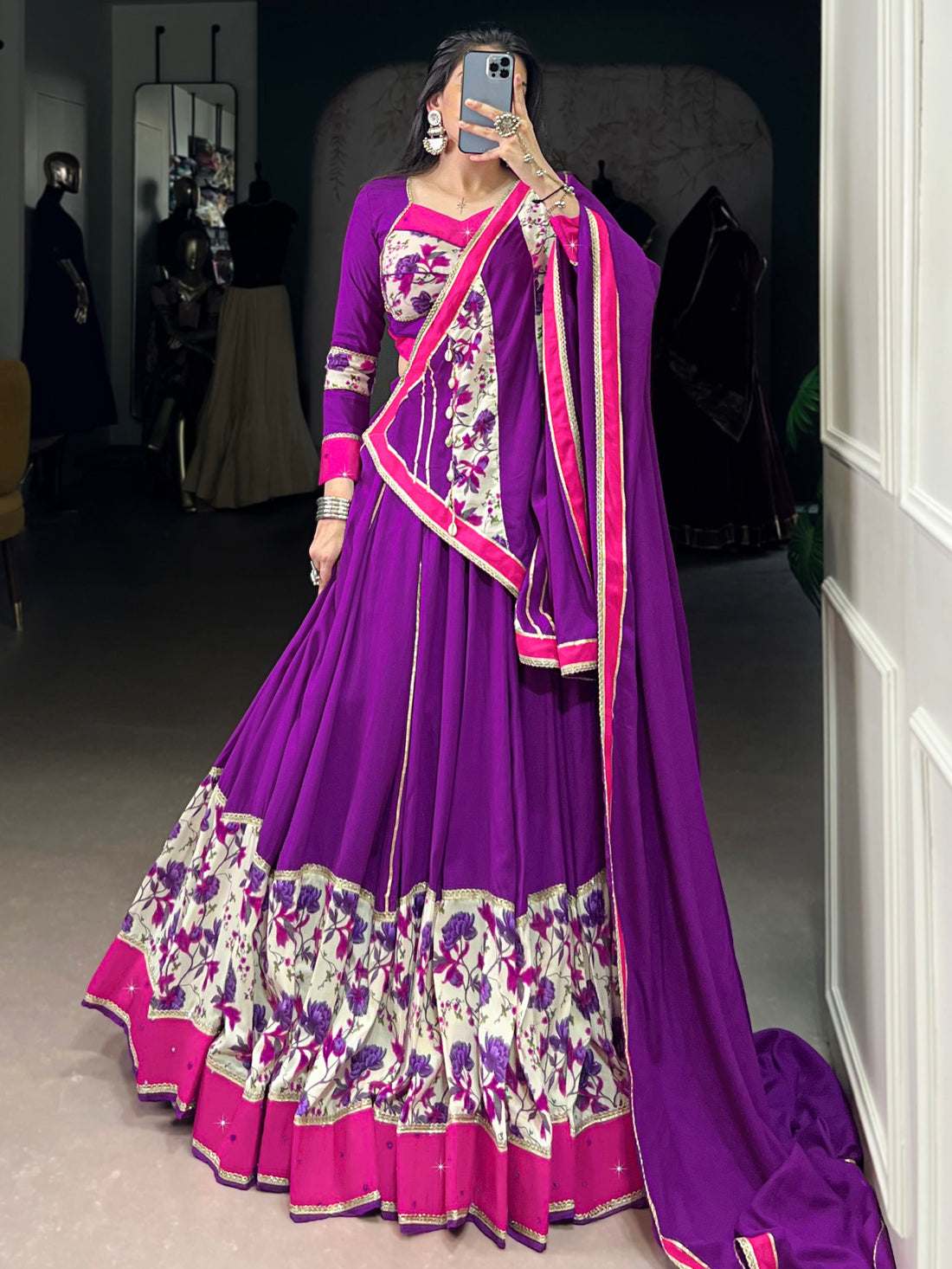 Great Purple Printed Rayon Festive Wear Lehenga Choli With Dupatta