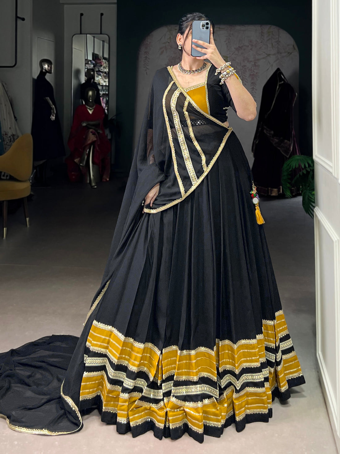 Amazing Black Lace Work Rayon Festive Wear Lehenga Choli With Dupatta