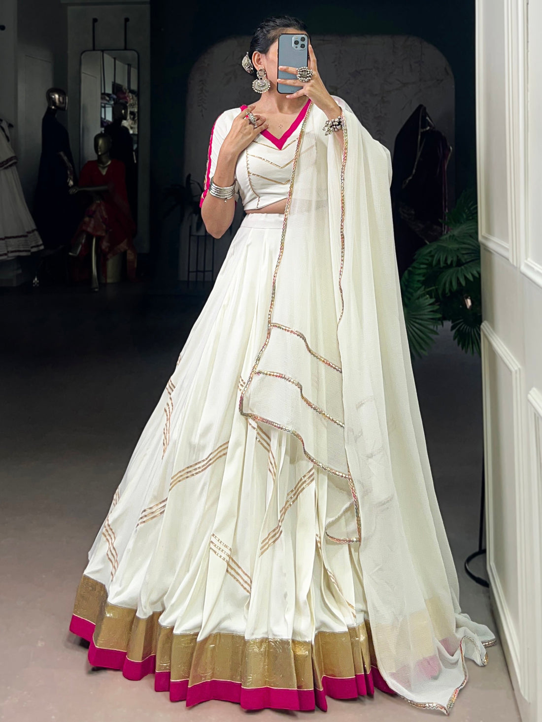 Magnetic White Gota Patti Rayon Navratri Special Lehenga Choli With Dupatta