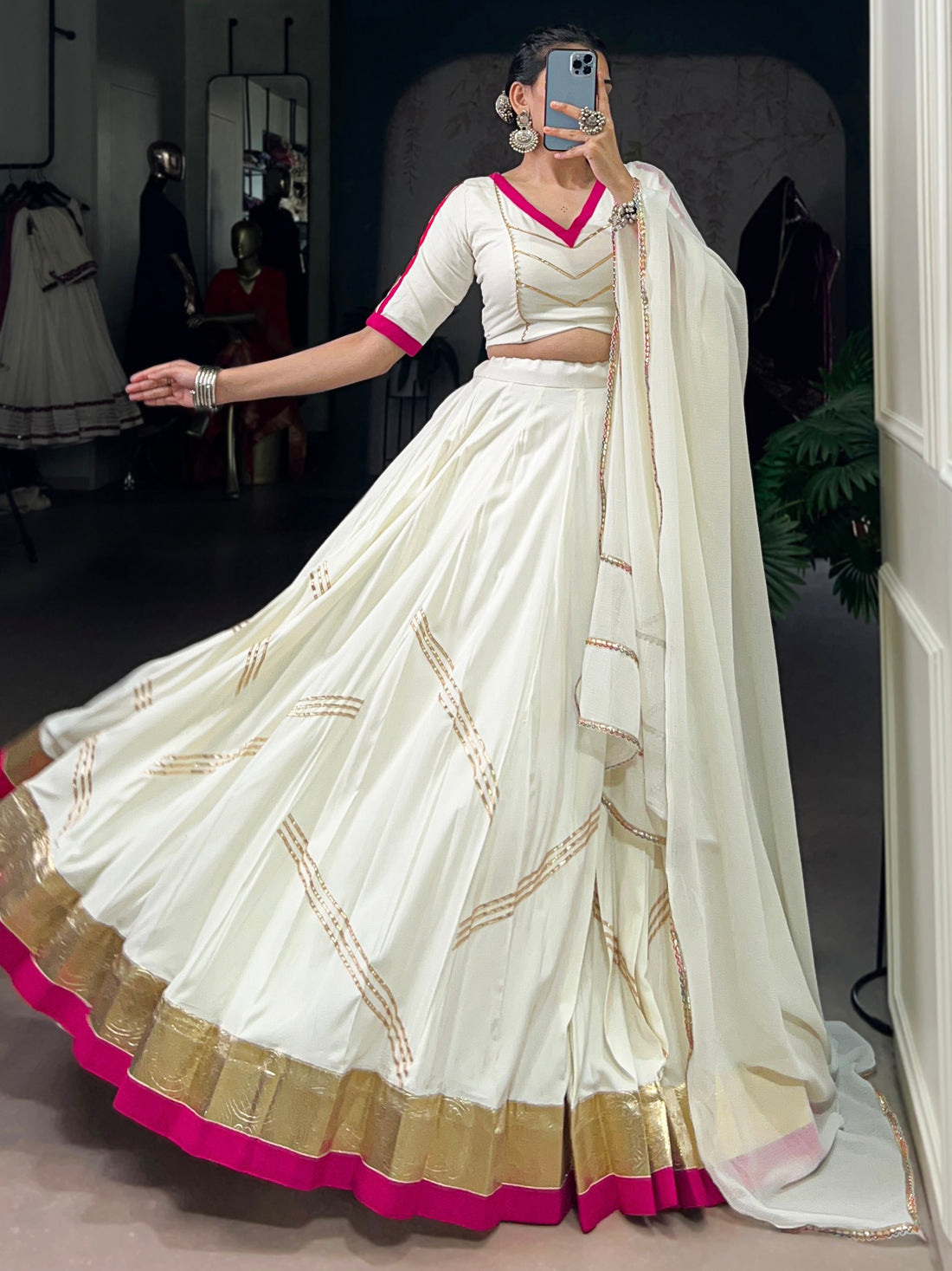Magnetic White Gota Patti Rayon Navratri Special Lehenga Choli With Dupatta