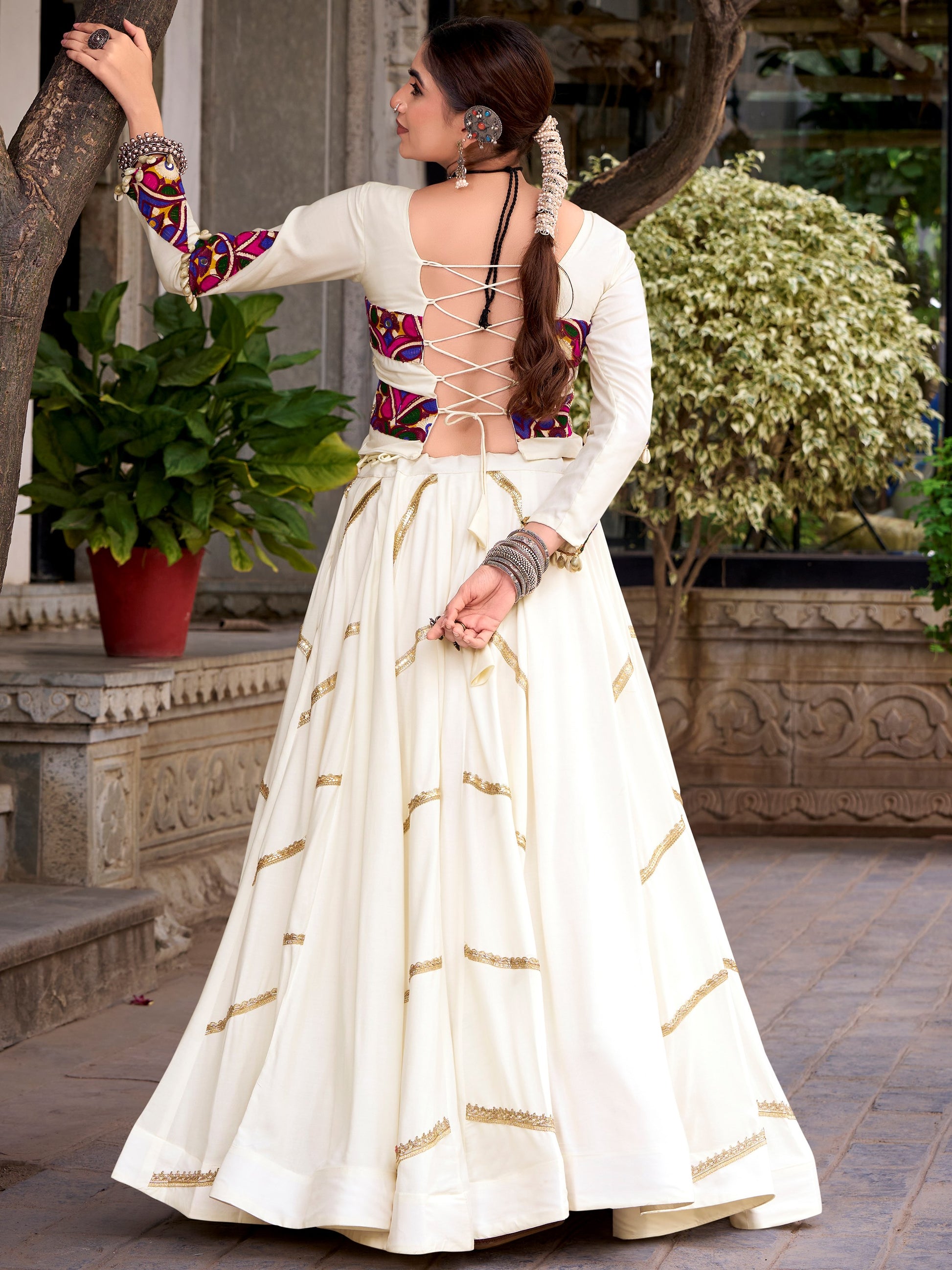 Classic White Mirror Work Silk Navratri Wear Lehenga Choli with Jacket