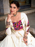 Classic White Mirror Work Silk Navratri Wear Lehenga Choli with Jacket