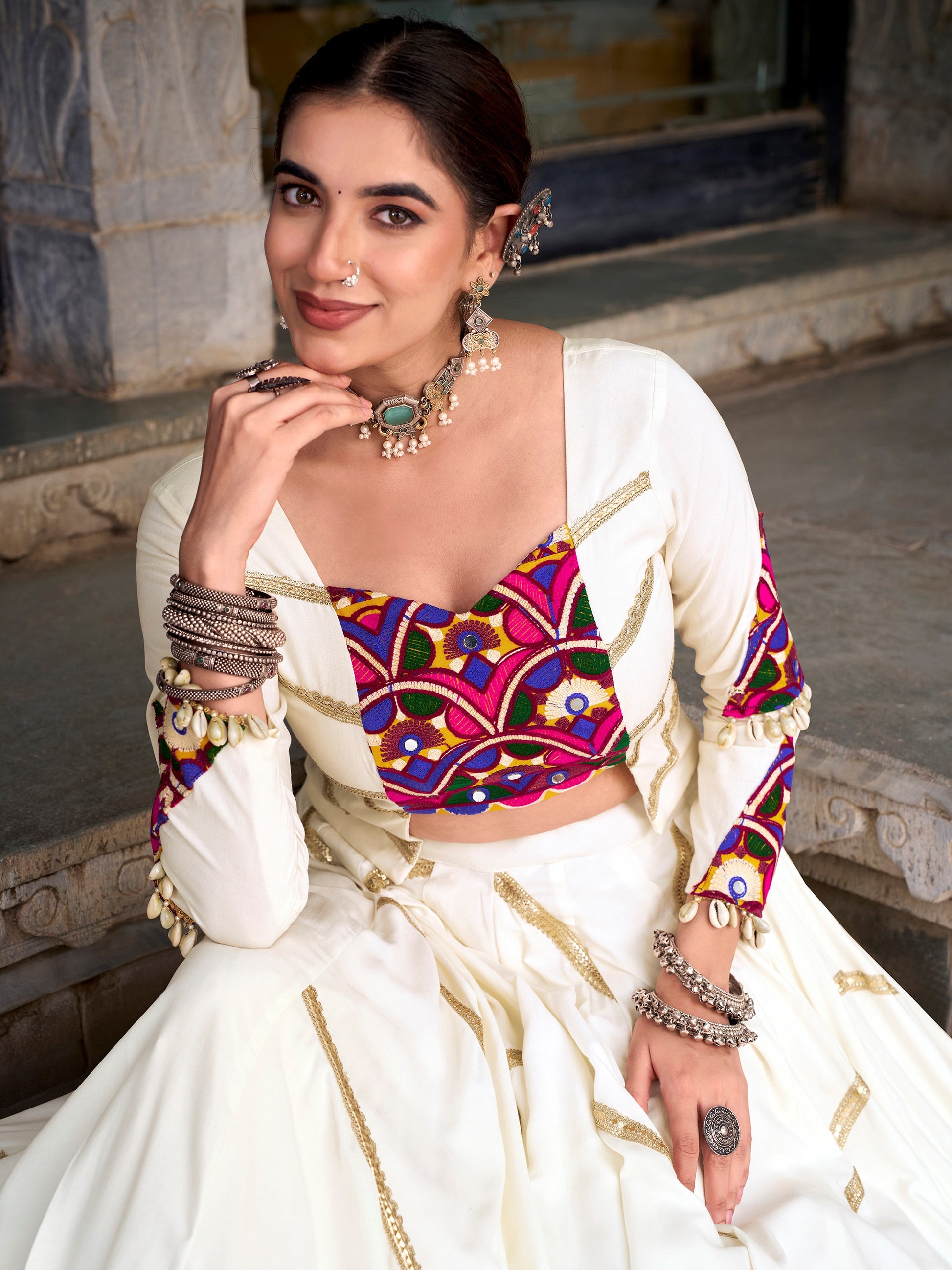 Classic White Mirror Work Silk Navratri Wear Lehenga Choli with Jacket