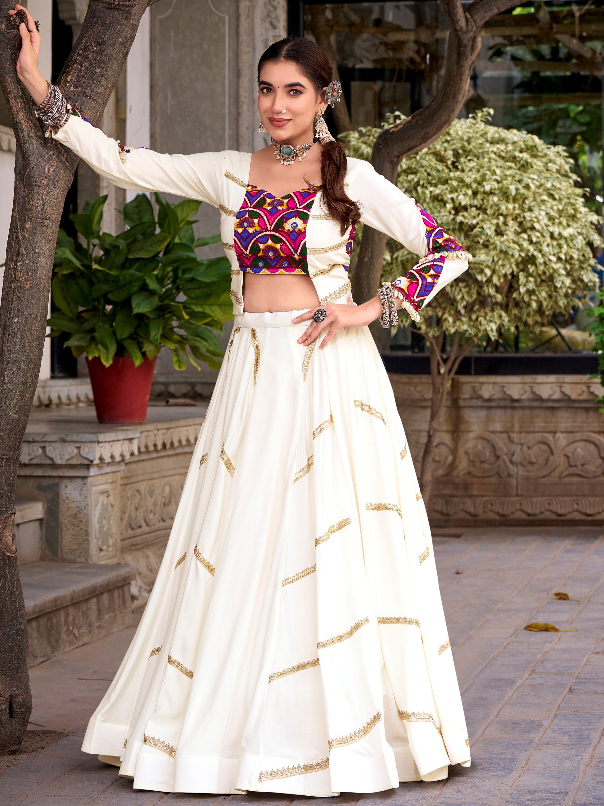 Classic White Mirror Work Silk Navratri Wear Lehenga Choli with Jacket