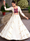 Classic White Mirror Work Silk Navratri Wear Lehenga Choli with Jacket