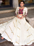 Classic White Mirror Work Silk Navratri Wear Lehenga Choli with Jacket