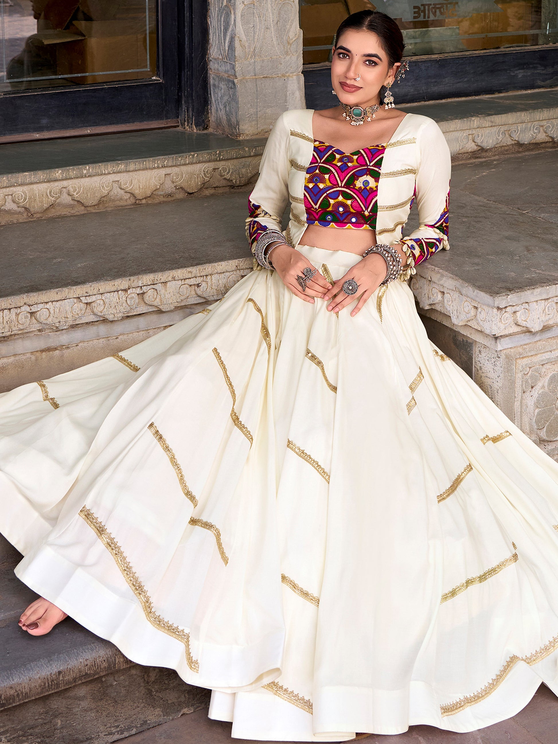 Classic White Mirror Work Silk Navratri Wear Lehenga Choli with Jacket
