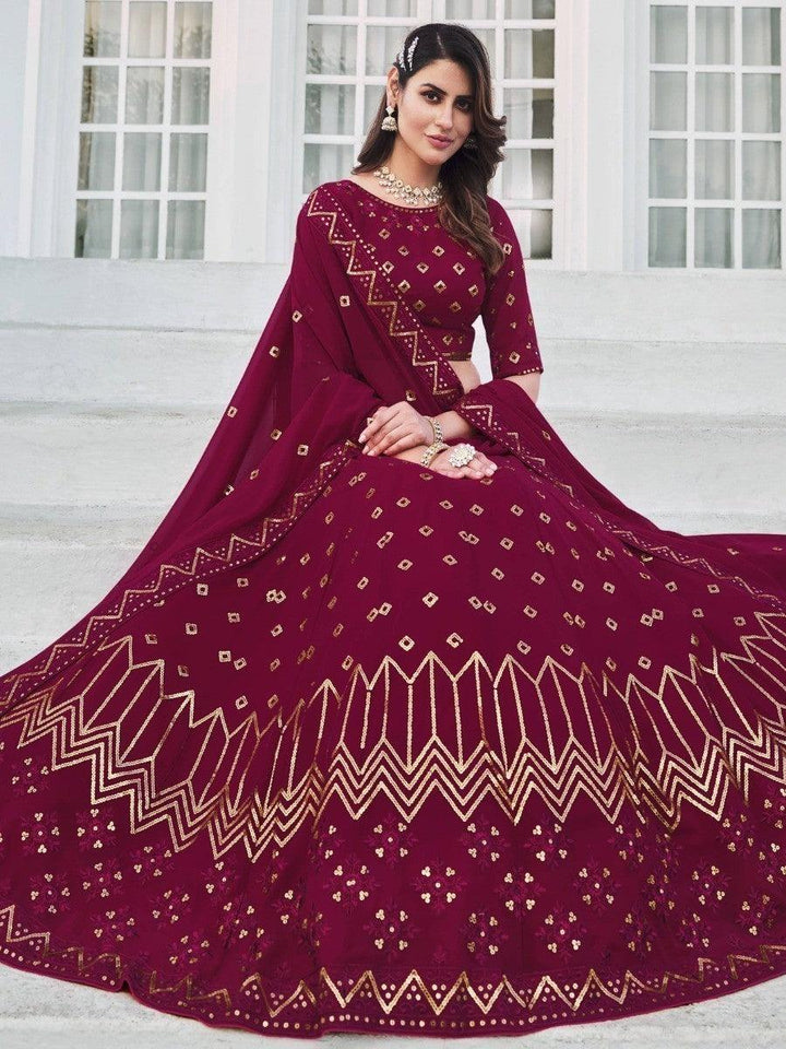Deep Pink Sequins Georgette Wedding Wear Lehenga Choli