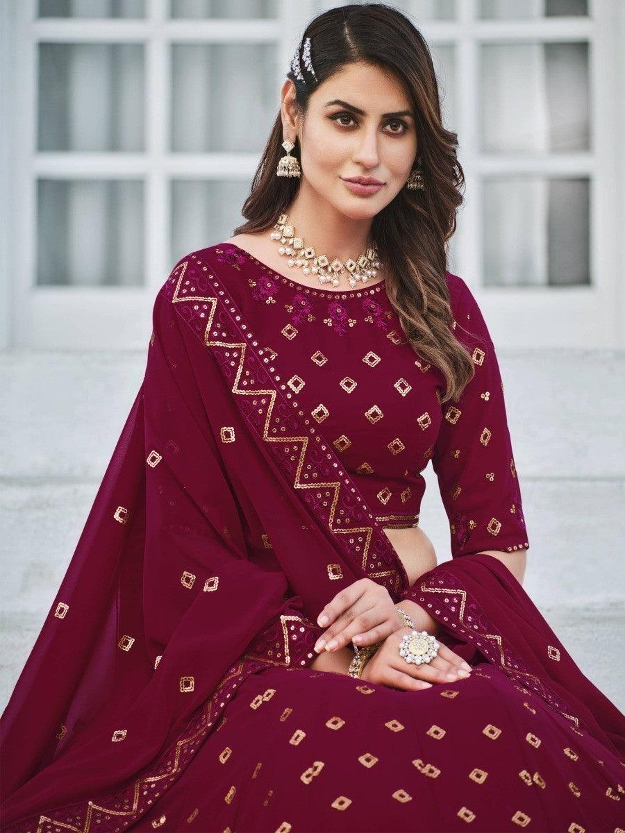 Deep Pink Sequins Georgette Wedding Wear Lehenga Choli