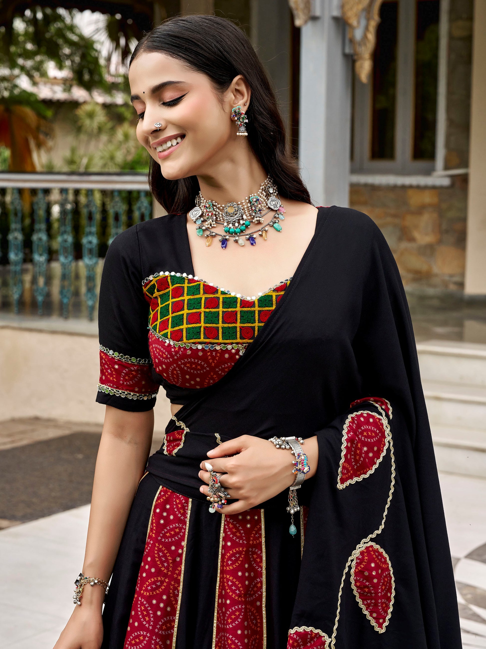 Alluring Black Mirror Lace Work Rayon Navratri Wear Lehenga Choli