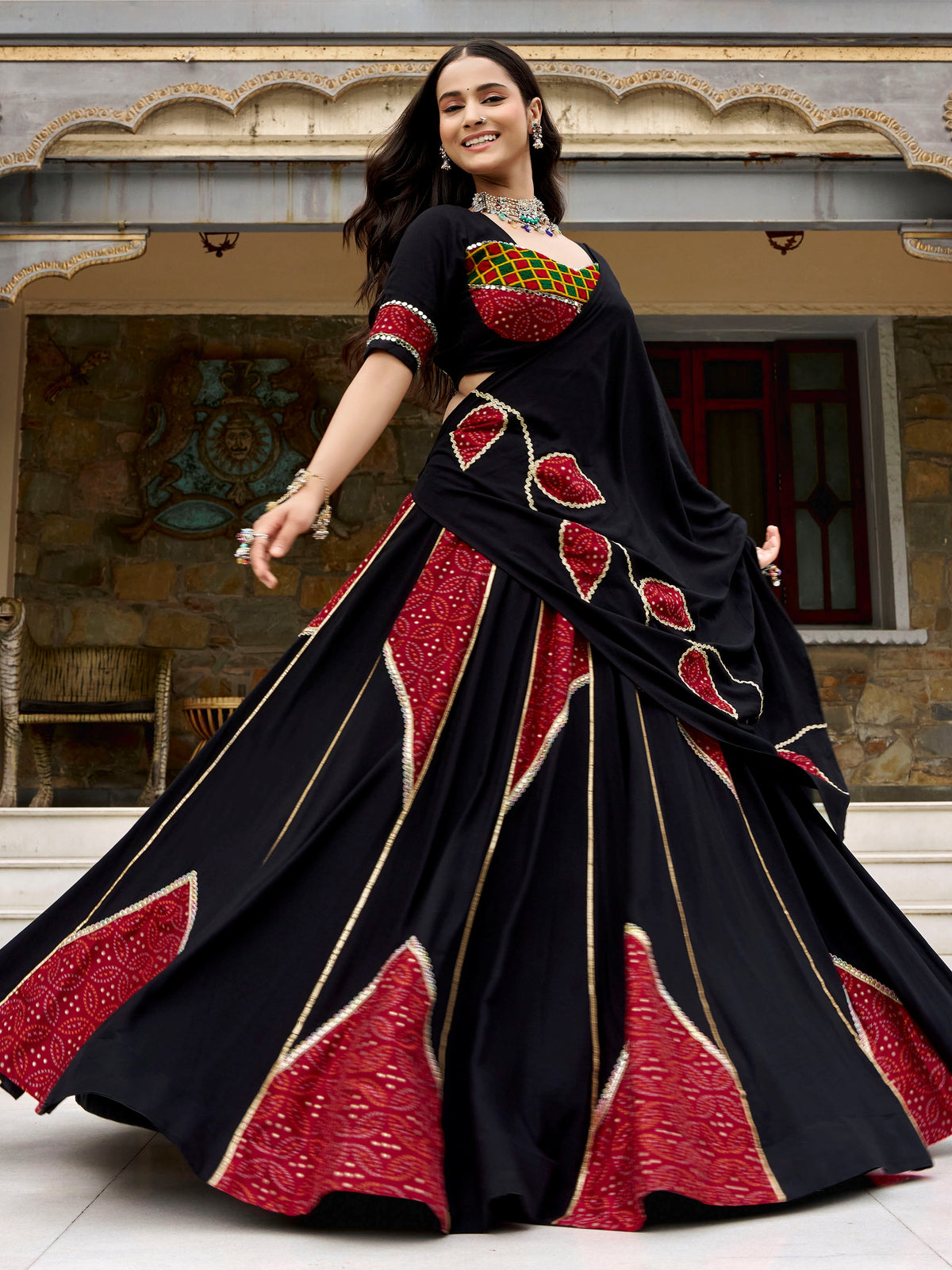 Alluring Black Mirror Lace Work Rayon Navratri Wear Lehenga Choli