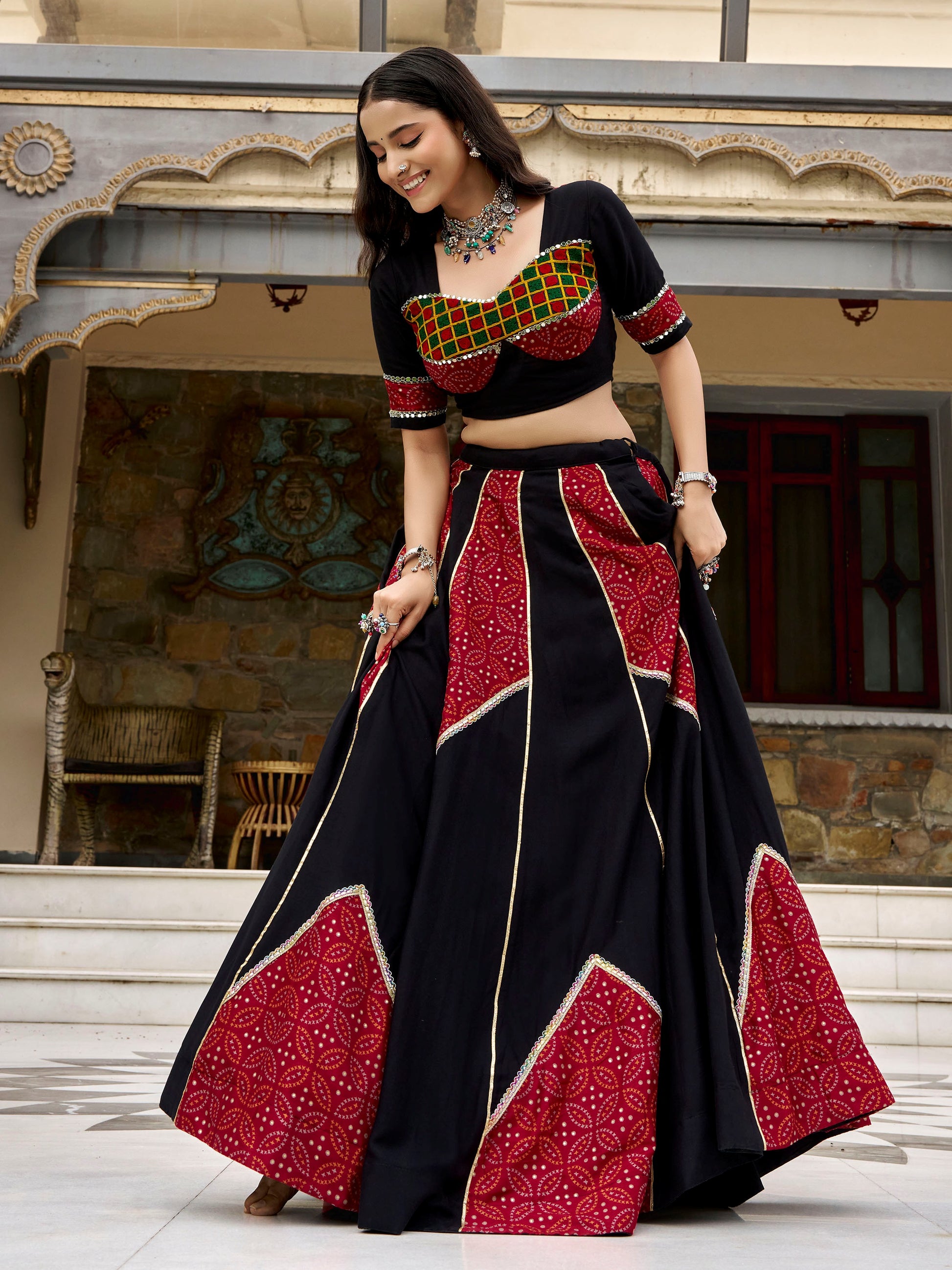 Alluring Black Mirror Lace Work Rayon Navratri Wear Lehenga Choli