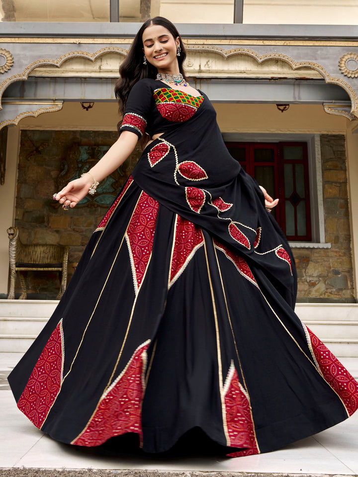 Alluring Black Mirror Lace Work Rayon Navratri Wear Lehenga Choli