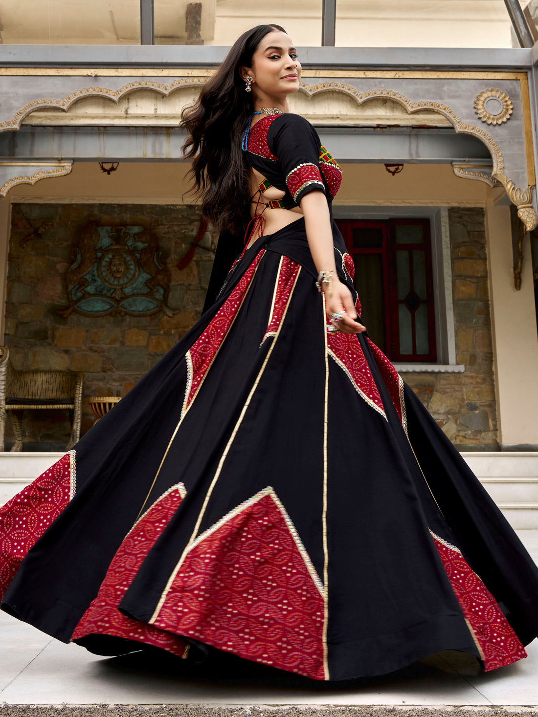 Alluring Black Mirror Lace Work Rayon Navratri Wear Lehenga Choli