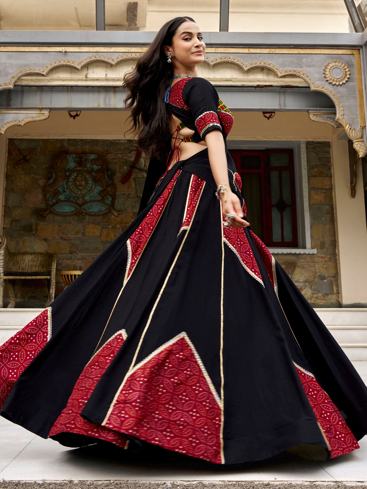 Alluring Black Mirror Lace Work Rayon Navratri Wear Lehenga Choli
