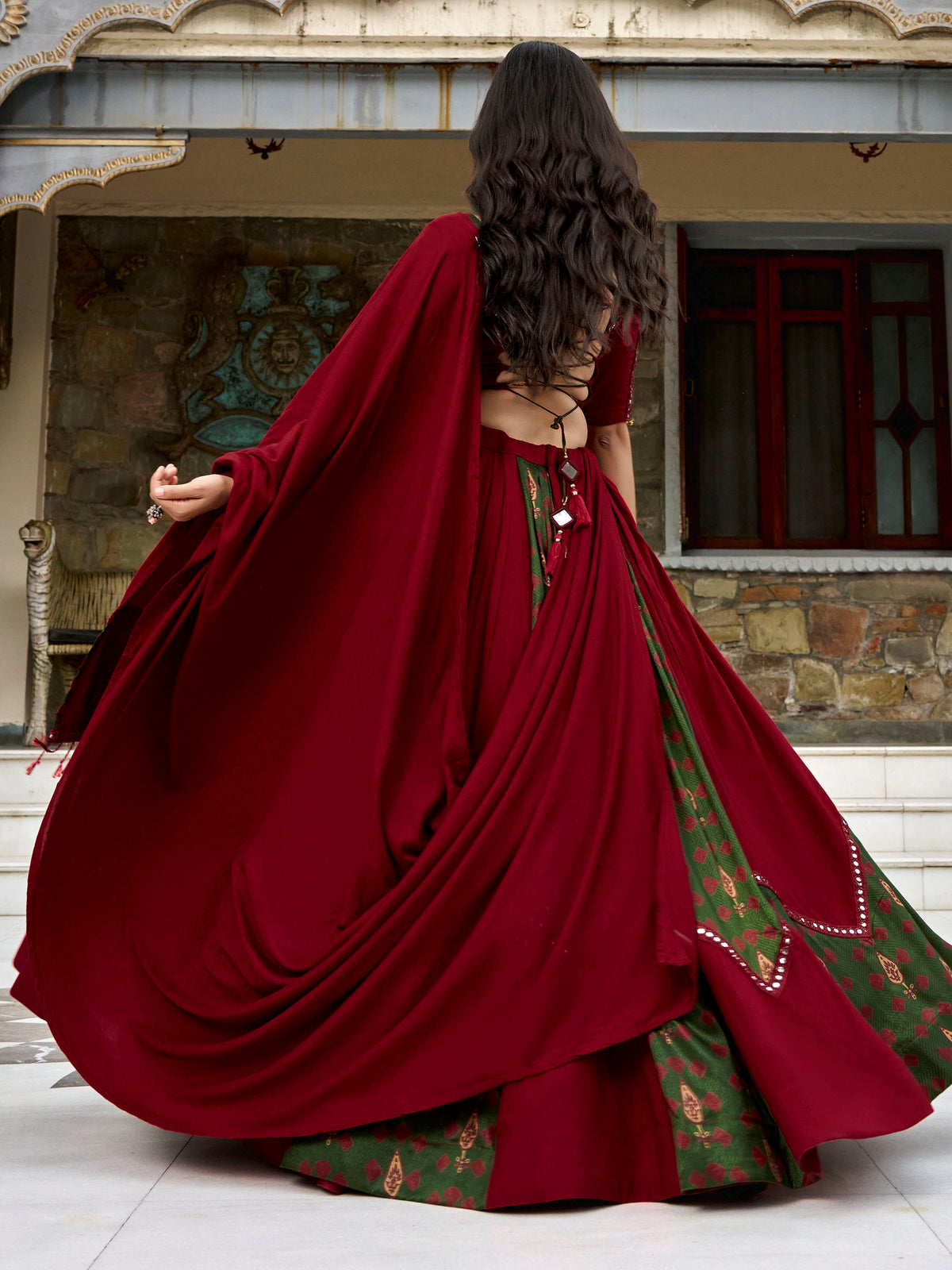 Incredible Maroon Printed Rayon Navratri Wear Lehenga Choli