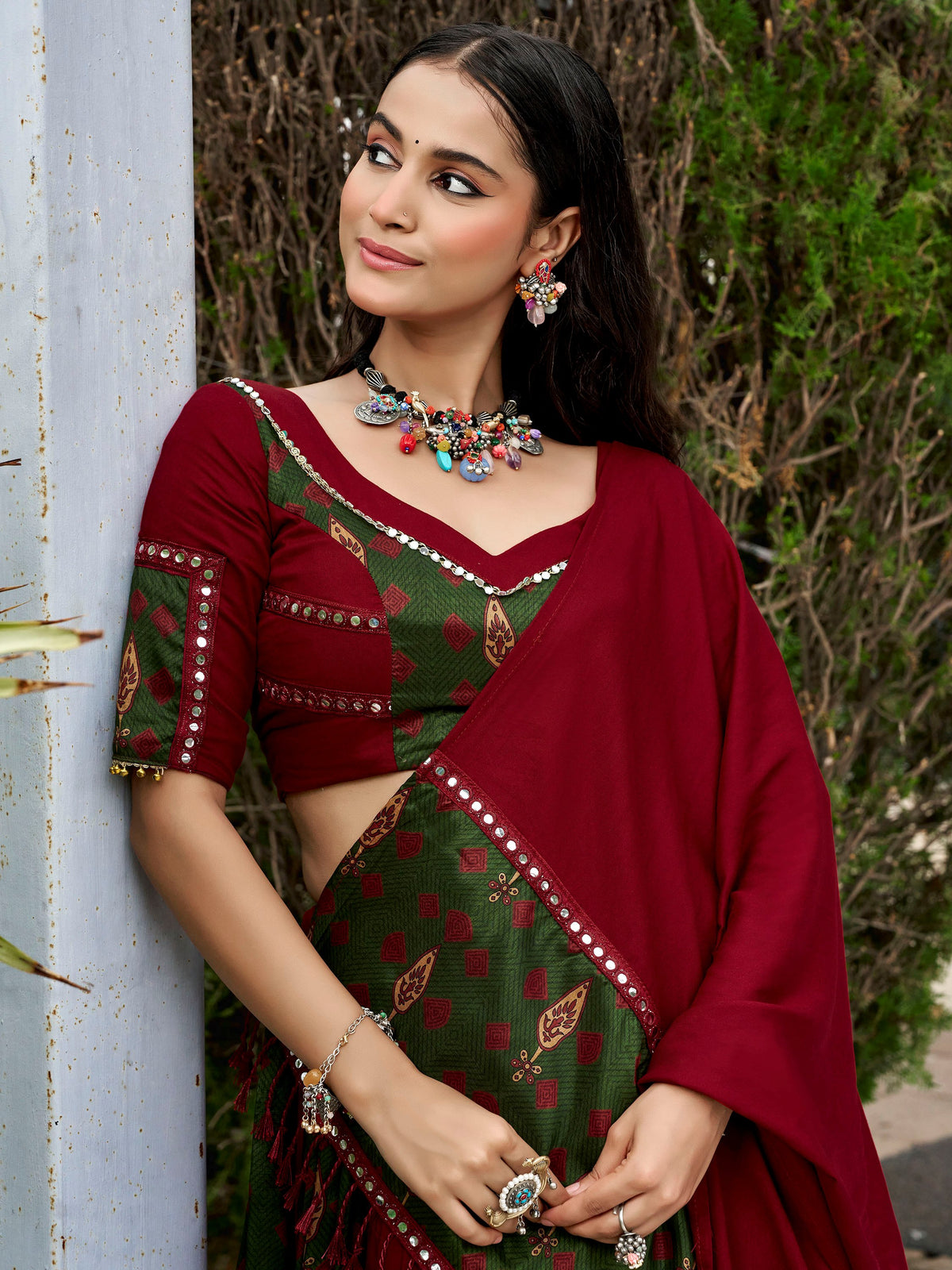 Incredible Maroon Printed Rayon Navratri Wear Lehenga Choli