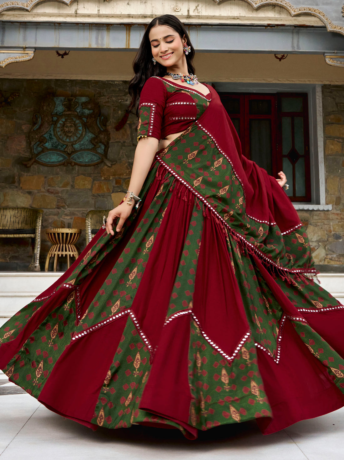 Incredible Maroon Printed Rayon Navratri Wear Lehenga Choli