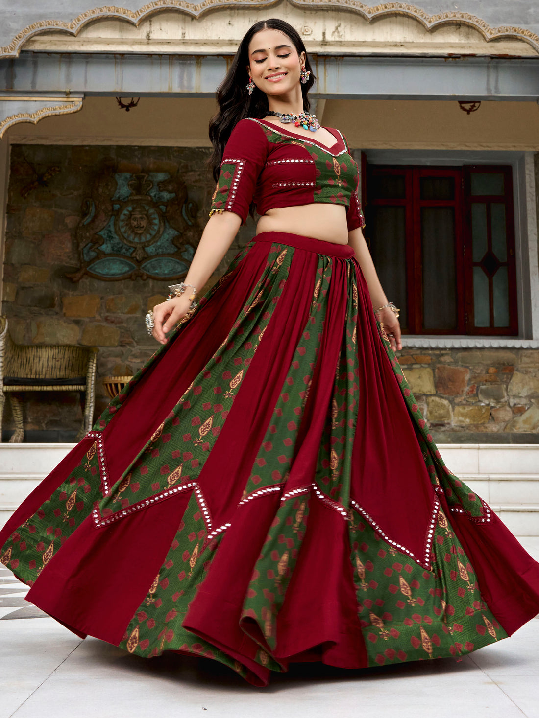 Incredible Maroon Printed Rayon Navratri Wear Lehenga Choli