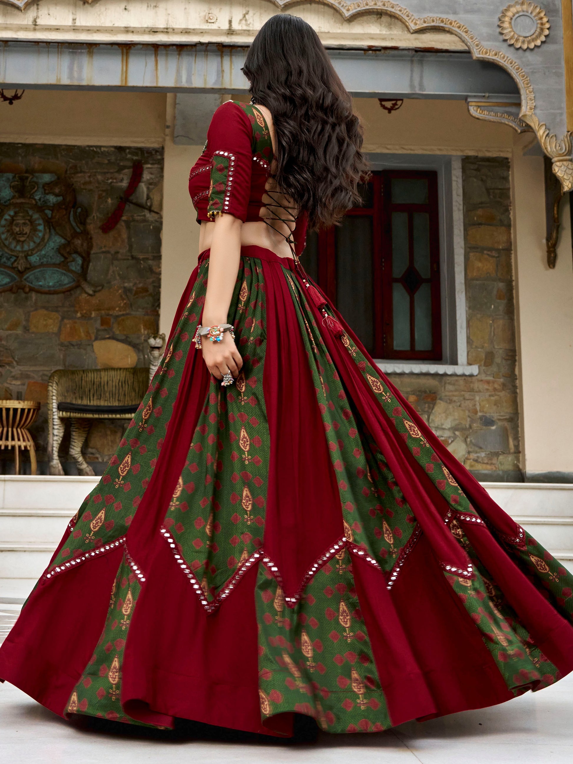 Incredible Maroon Printed Rayon Navratri Wear Lehenga Choli