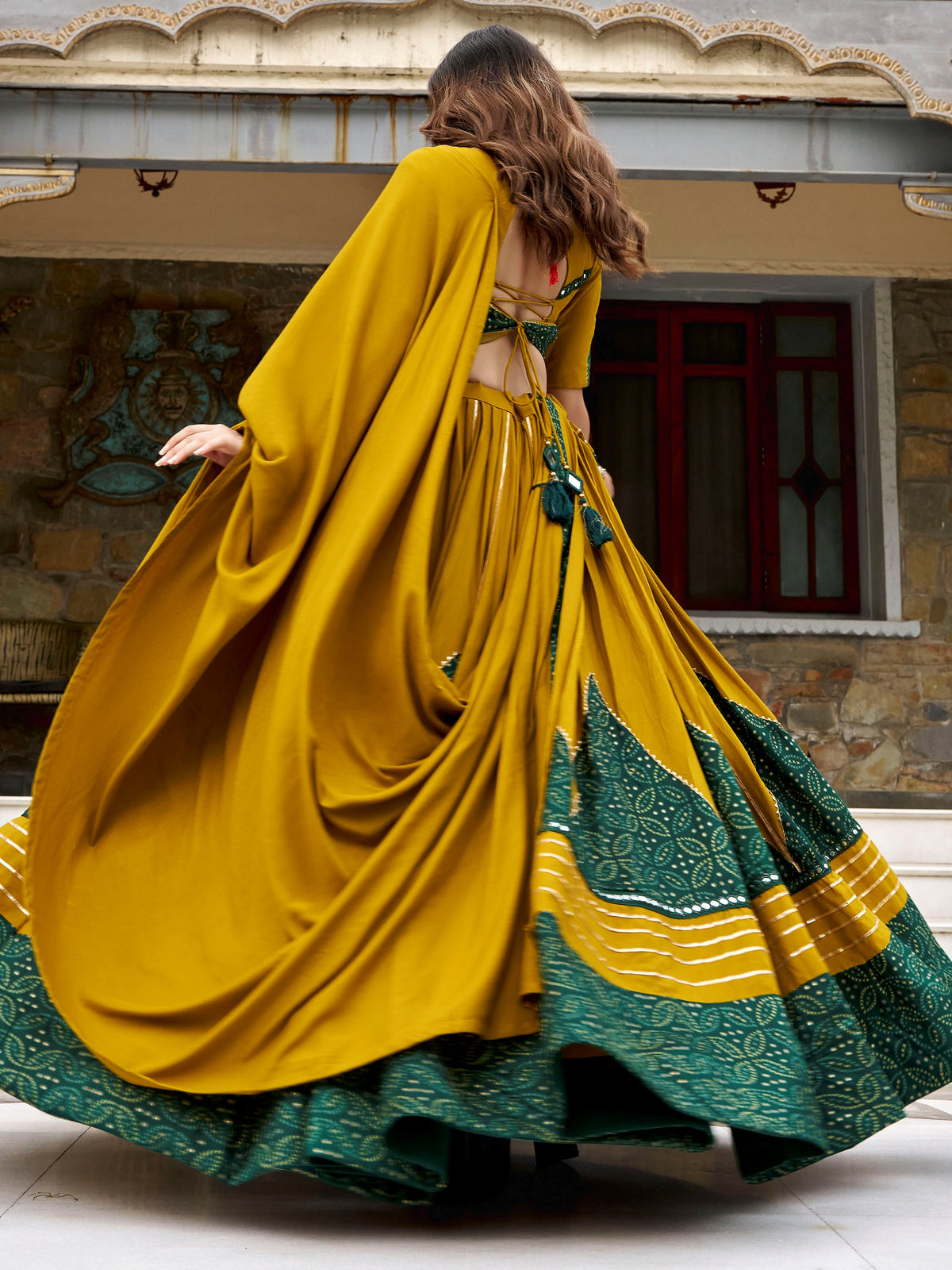 Amazing Mustard Yellow Printed Rayon Navratri Wear Lehenga Choli Set