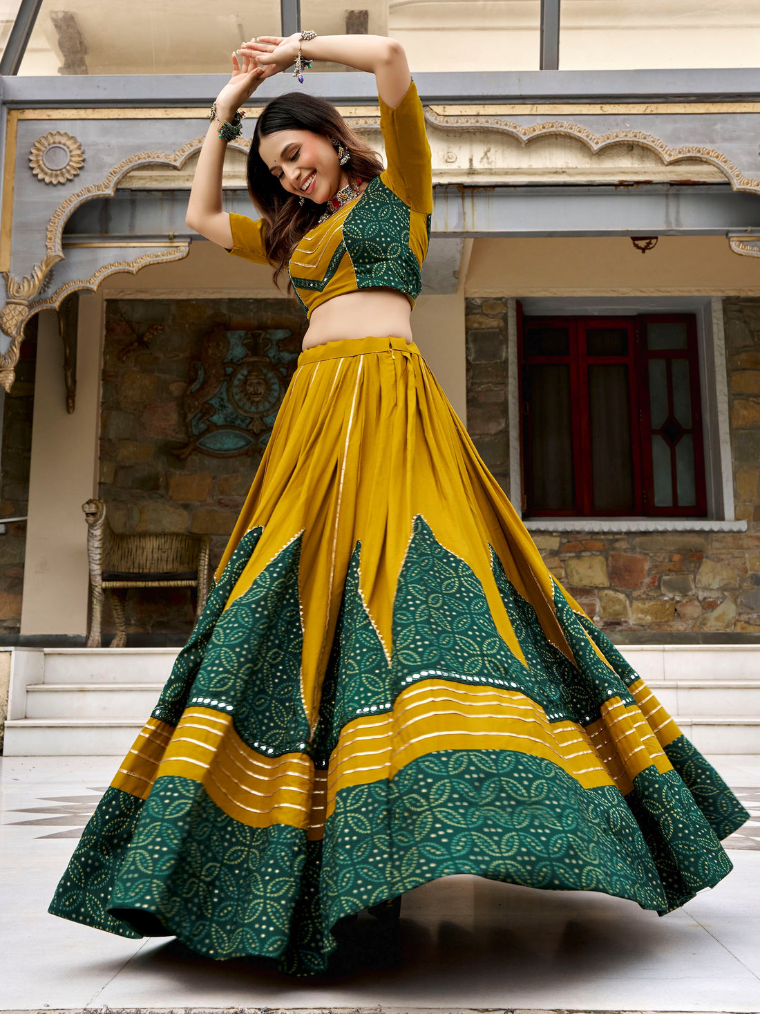 Amazing Mustard Yellow Printed Rayon Navratri Wear Lehenga Choli Set