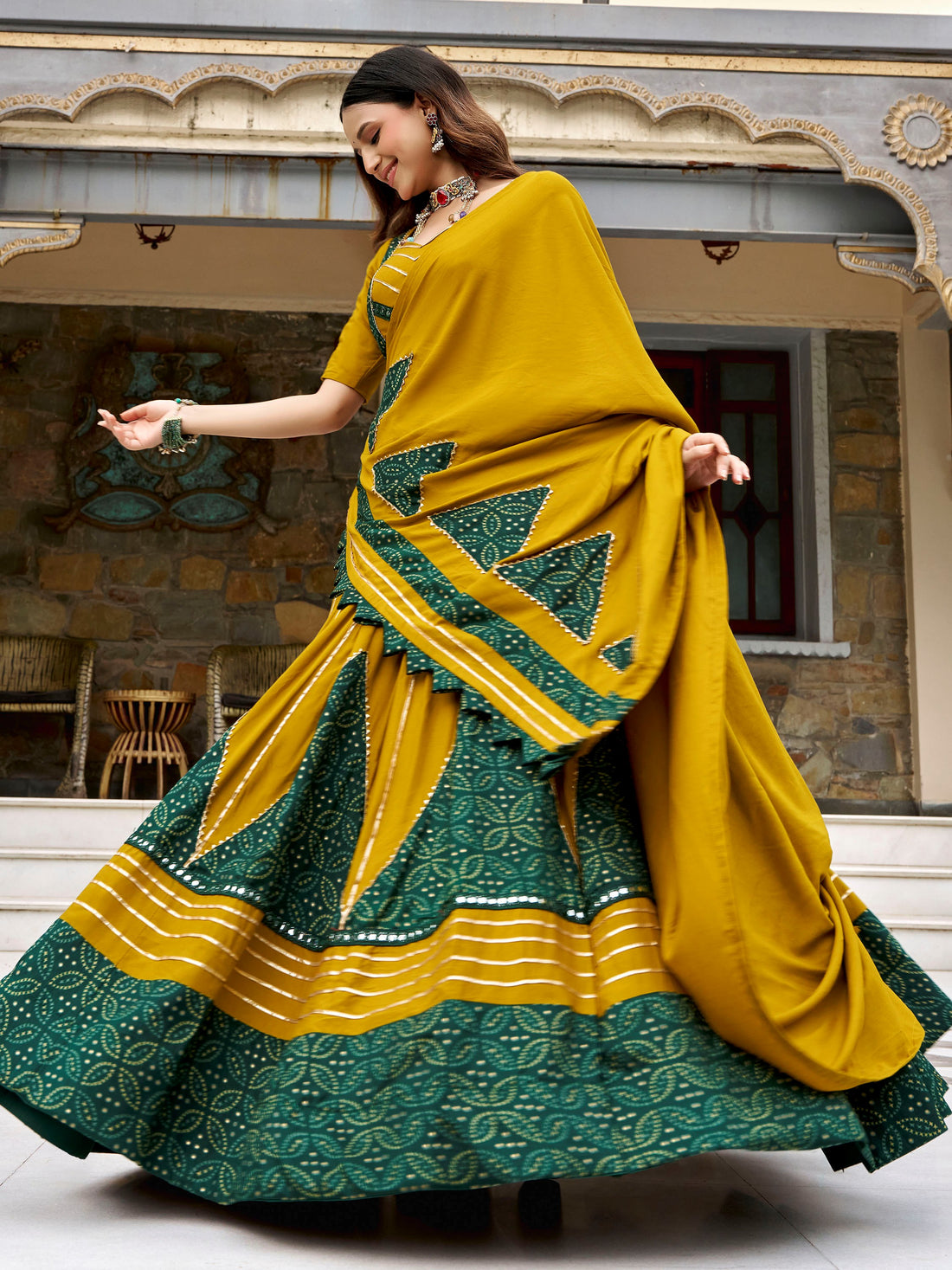 Amazing Mustard Yellow Printed Rayon Navratri Wear Lehenga Choli Set