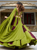 Marvelous Parrot Green Mirror Work Rayon Navratri Wear Lehenga Choli