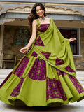 Marvelous Parrot Green Mirror Work Rayon Navratri Wear Lehenga Choli
