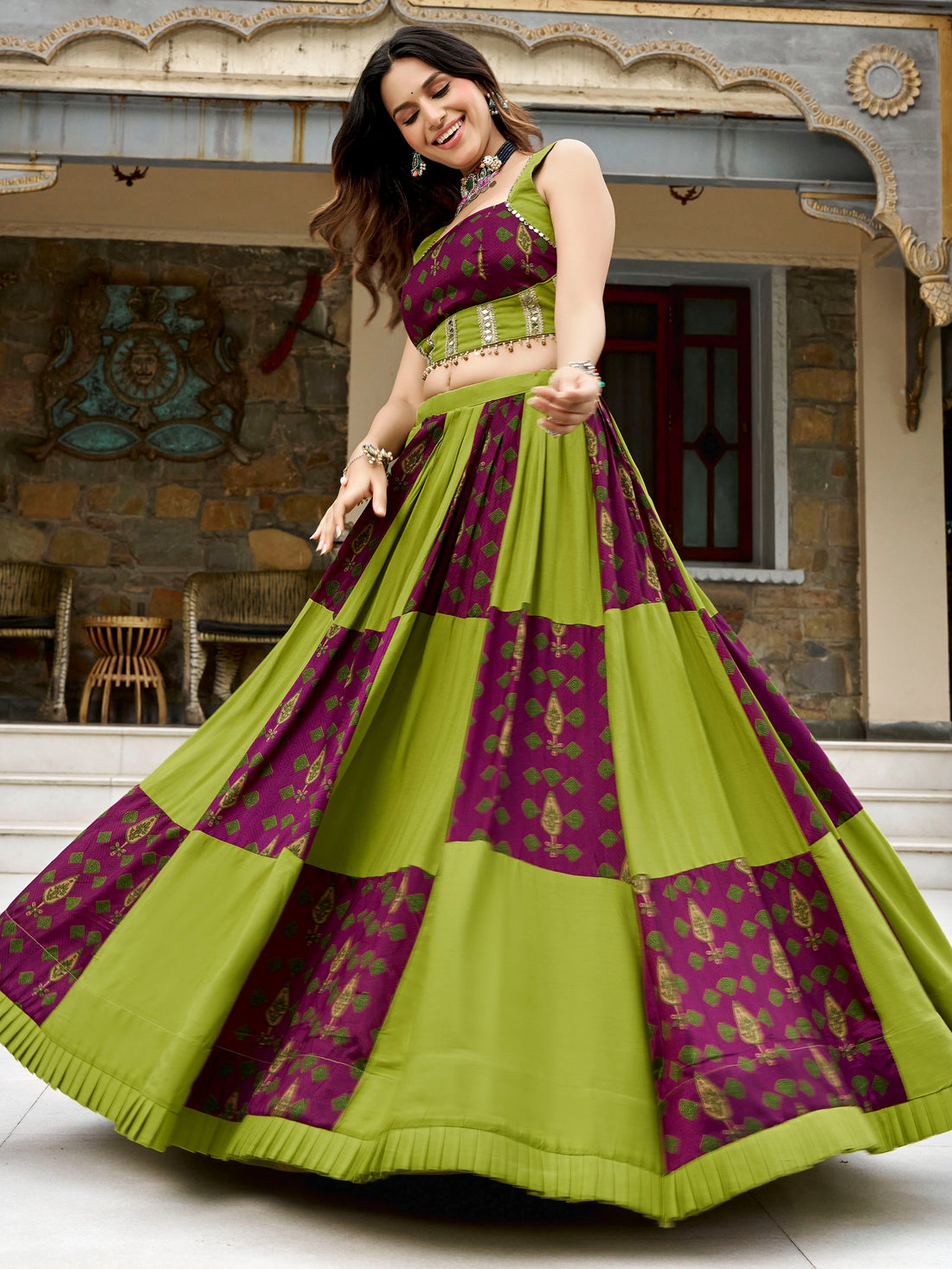 Marvelous Parrot Green Mirror Work Rayon Navratri Wear Lehenga Choli