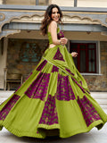 Marvelous Parrot Green Mirror Work Rayon Navratri Wear Lehenga Choli