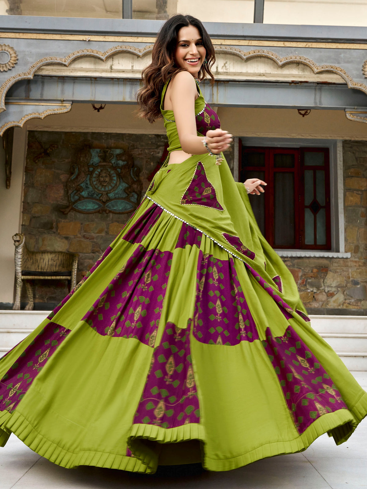 Marvelous Parrot Green Mirror Work Rayon Navratri Wear Lehenga Choli