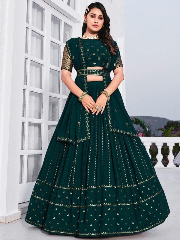 Teal Green Sequins Georgette Wedding Wear Lehenga Choli
